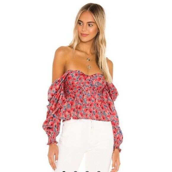 House Of Harlow 1960 Revolve Burna Blouse In Red Poppy Floral Women Size Medium - Picture 1 of 12